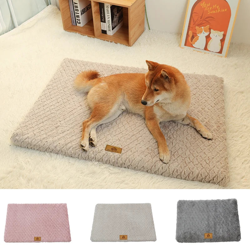 Dog lying on a textured pet mat with three color options displayed below.