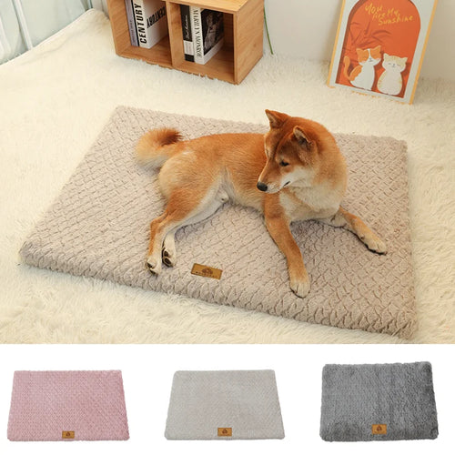 Dog lying on a textured pet mat with three color options displayed below.